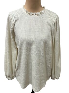 Anthropologie Current Air Cream Ruffle-Neck Textured Blouse